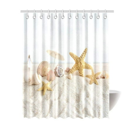 The White Starfish WOPOP Sea Shells and Starfish Decor Shower Curtain, Beach Seashells Nautical Ocean Seaside Seascape Coastal Art Print Polyester Fabric Shower Curtain 66x72 Inches X-Long, White Sand ()