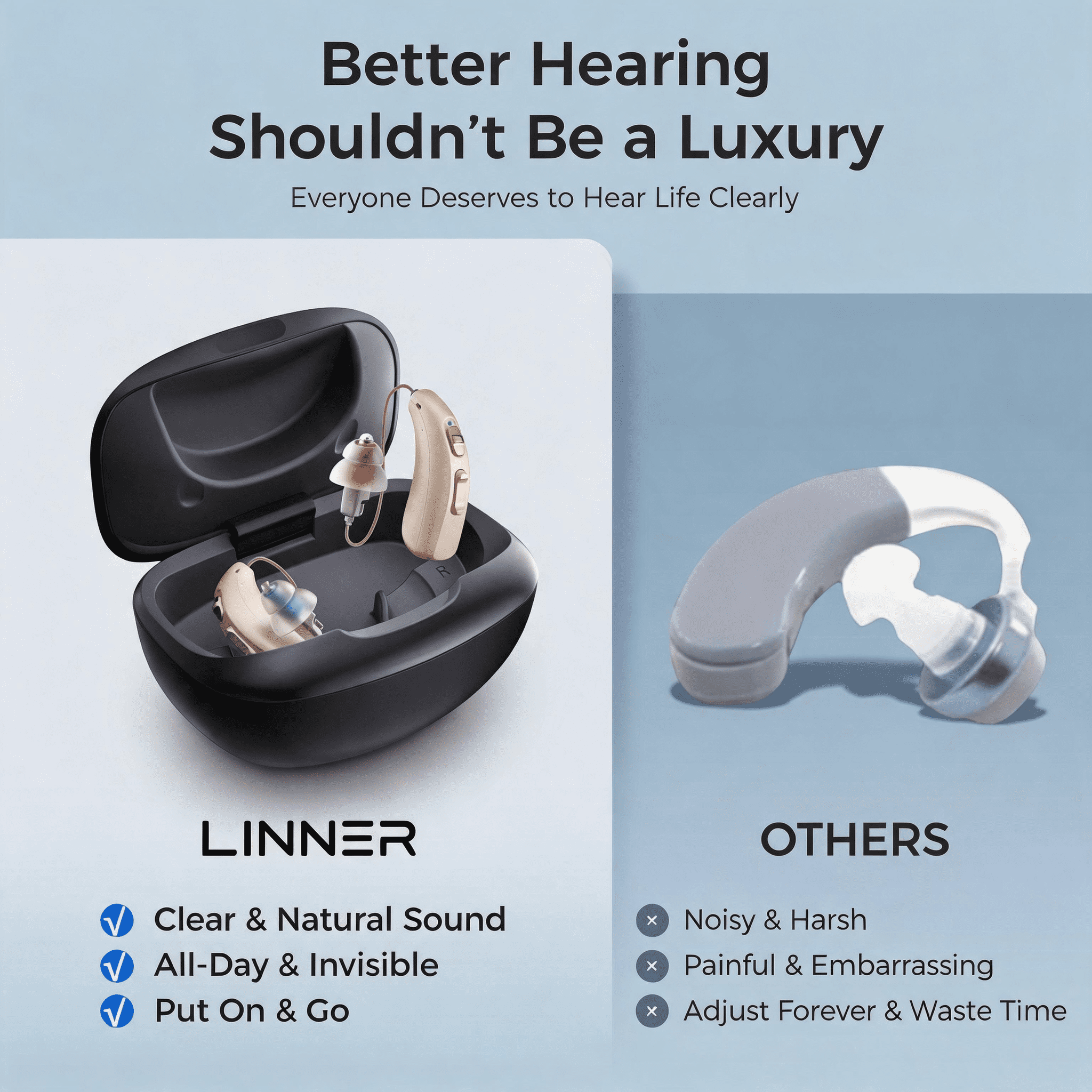 LINNER OTC Hearing Aids for Adults, Rechargeable Hearing Aids with Noise Cancelling, Bte Ric Style, Black