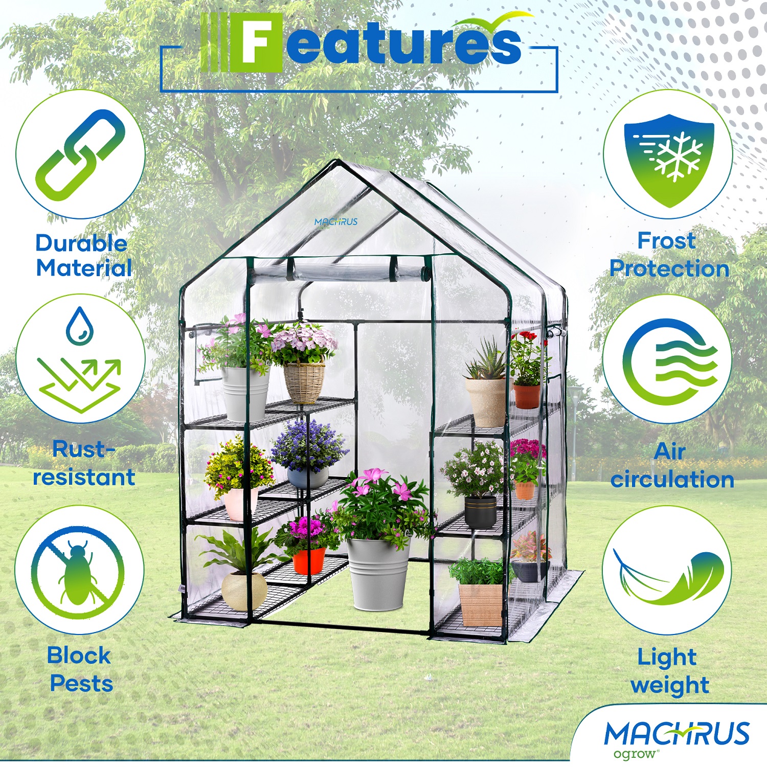 Machrus Ogrow Deluxe Walk-In Greenhouse with 3 Tiers & 12 Shelves – Clear Greenhouse Plastic Cover for Indoor Greenhouse & Green Houses for Outside