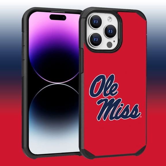 Apple iPhone 14 Pro Max (6.7) - Licensed NCAA University of Mississippi Ole Miss Rebels Logo on Blue Textured Dual Layer Case