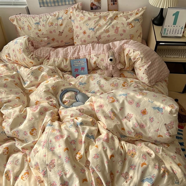 Double Print Waffle Cotton Bedding Set with Duvet Cover Pillowcases for Home