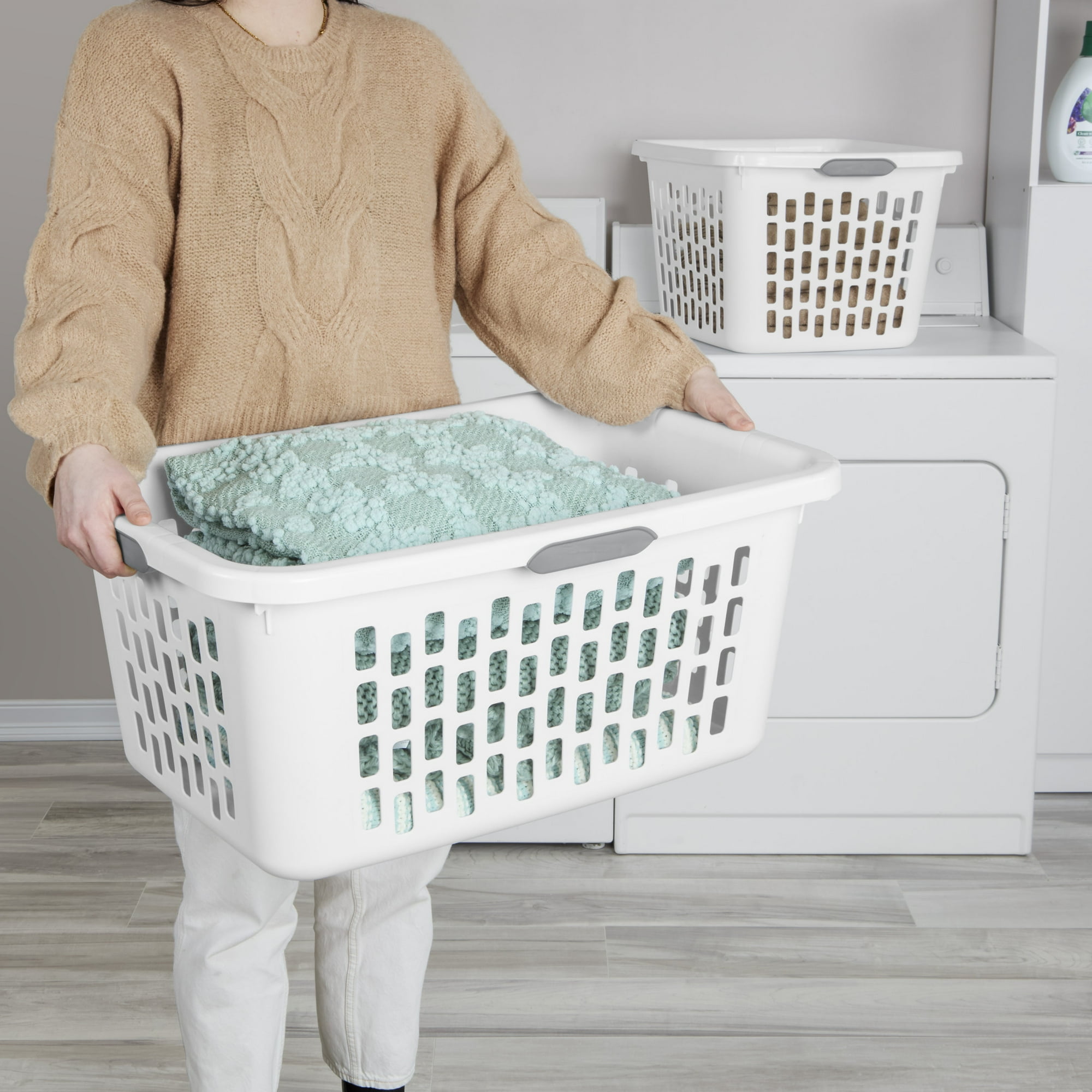 Sterilite Large Plastic 2 Bushel Laundry Basket with 4 Comfort Grip Handles, White