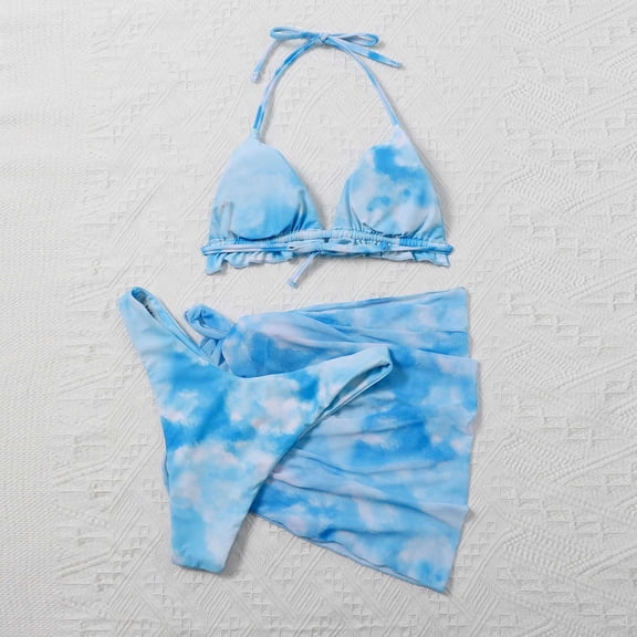 Fesfesfes 3 Piece Set Swimsuits for Women Tie-dye Halter Bikini Sarongs Cover Up Swimwear Swimsuit Beach