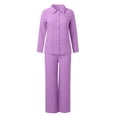 thumbnail image 4 of HJYCHN Women Summer Two Piece Outfit Set with Long Sleeve Blouse and Flowy Wide Leg Pants for Casual Comfort and Beach Wear Purple M, 4 of 5