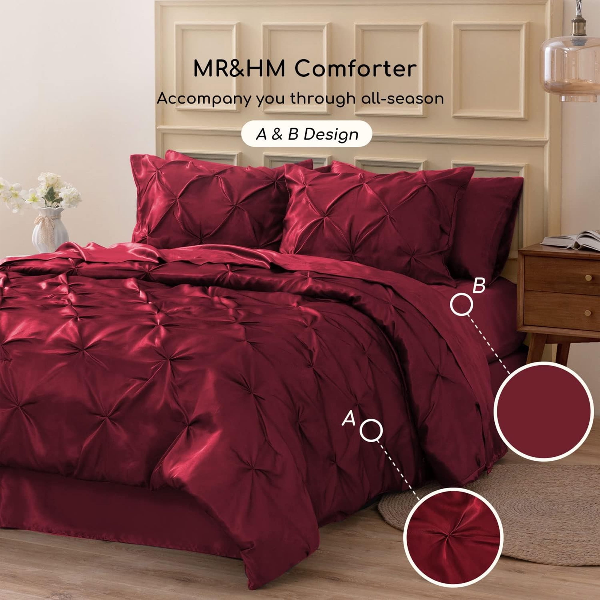 MR&HM Satin Comforter Set 7 Pieces King Size - Luxurious Pinch Pleat Bed in a Bag with Satin Comforter, Satin Sheets, Satin Pillowcases & Shams, Silky Soft Bedding Set for All Seasons (Burgundy)