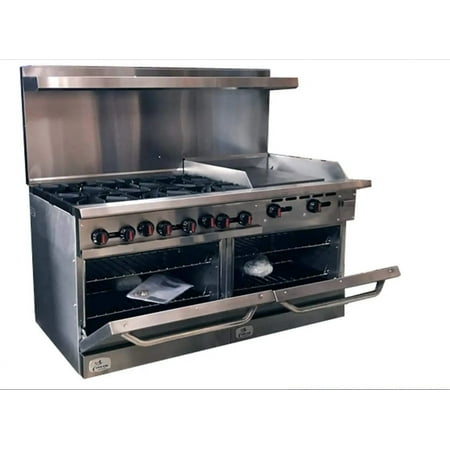60" Width with 24" Griddle Commercial Range Oven, Left 6 Burners, Natural Gas, Propane, NSF/ETL Certified, 2 Ovens Thermostat
