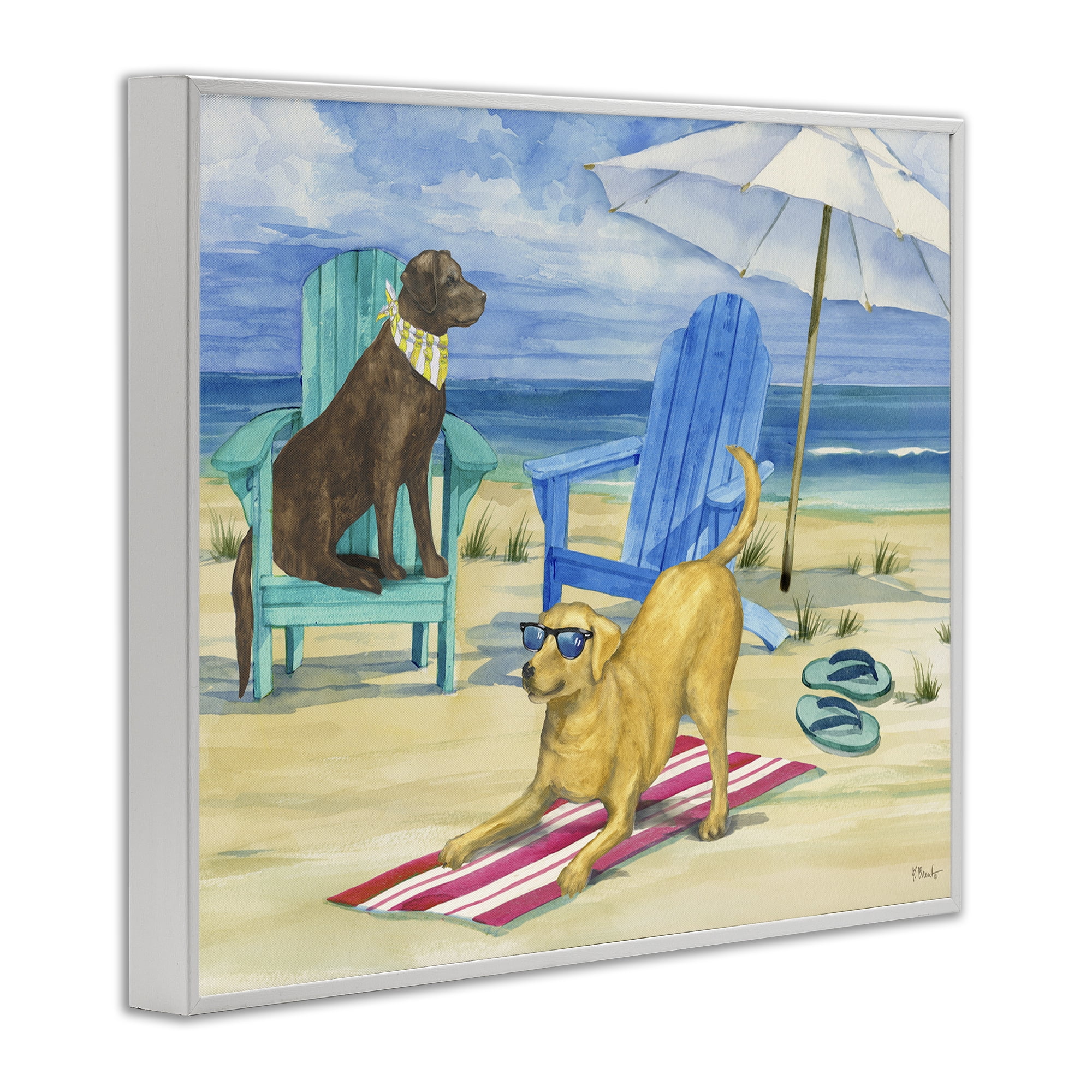 Stupell Industries Dogs on Beach Towel Animals & Insects Painting White Framed Art Print Wall Art, 20 x 16