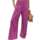 thumbnail image 3 of Pantalones de mujer de color puro para uso diario, citas o playa - Pantalones anchos elásticos de cintura alta de color rojo rosa, talla L, 3 of 5