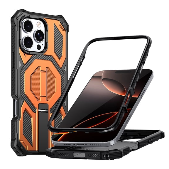 LHNUNP Magnetic for iPhone 14 Plus Case with Kickstand, Compatible with MagSafe Heavy Duty Military-Grade Protection Stand Cover, Orange
