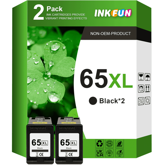 65XL Black Ink Cartridge Compatible for HP 65 Black Ink Cartridge XL 2 Pack