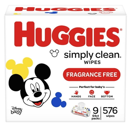 Huggies Simply Clean Unscented Baby Wipes, 9 Flip-Top Packs (576 Wipes