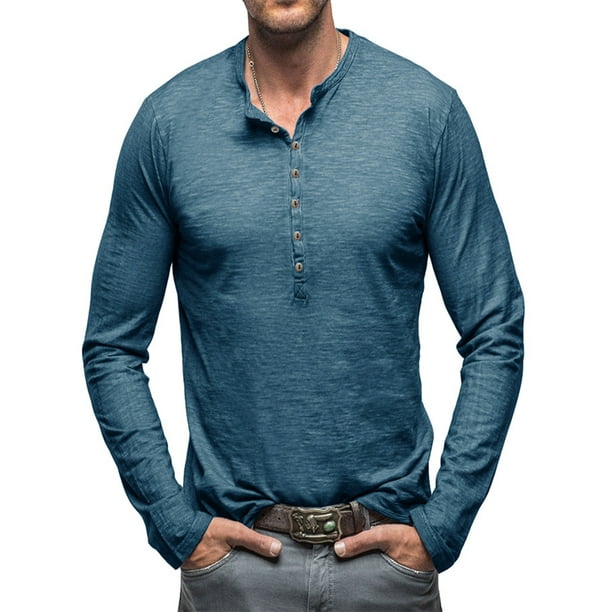 MAWCLOS Men Tops Crew Neck Henley Shirt Button T shirt Fashion