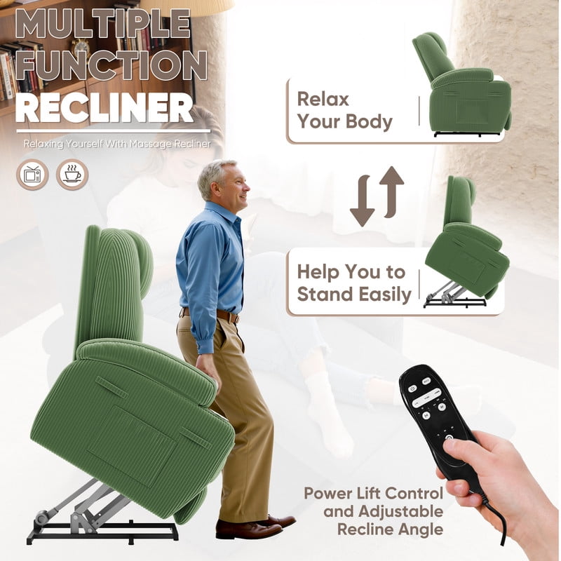 Homall Power Lift Recliner Chair with Massage for Living Room Recliner Chair for Elderly with Infinite Position Side Pocket and Saucer,Corduroy Green