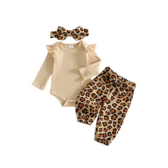 RUINIXCW Baby Girl Fall Outfits Casual Ribbed Crew Neck Long Sleeve Romper Leopard Print Pants with Belt and Headband 4 Pcs Set