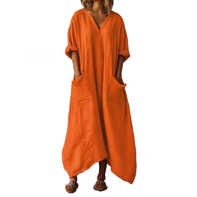 Vestido Casual de Mujer Mezcla de Lino Suelto Irregular Doblado 3/4 Manga Cuello en V con Bolsillos, Cambio de Verano Superior
