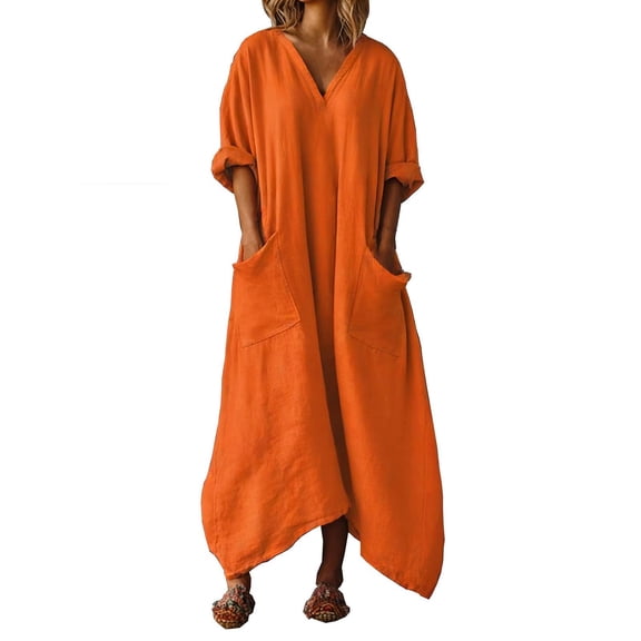 Ashirexll Long Dresses for Women, Casual Dresses for Women, Loose Casual Linen Blend Irregular Hem 3/4 Sleeve V-Neck Pocket Dress