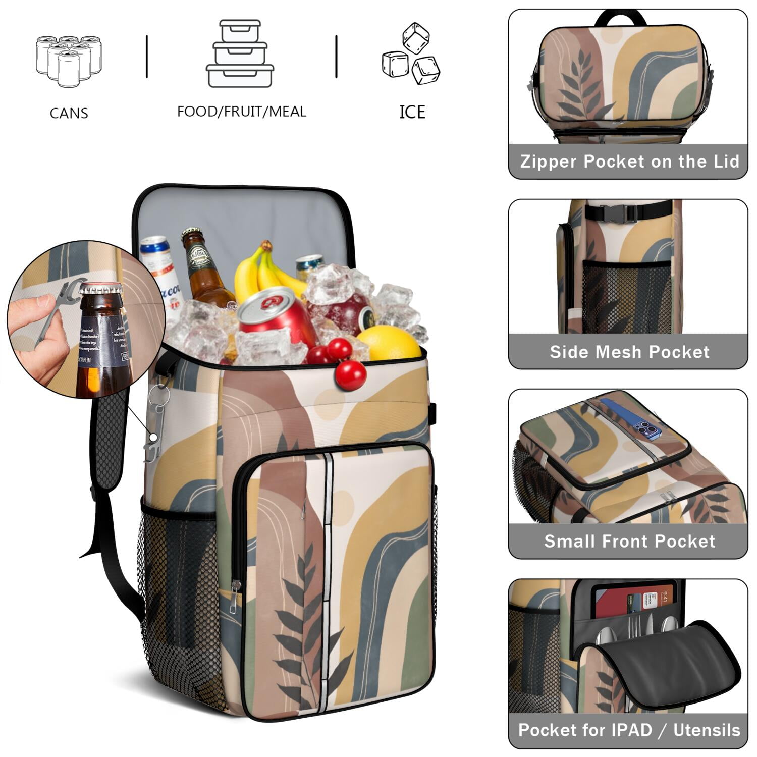 Travel Cooler Bag - Boho Bohemian Art Camping Beer Cooler Backpack with Bottle Opener- Waterproof Insulated Picnic Backpacks - Cooler Bag for Beach