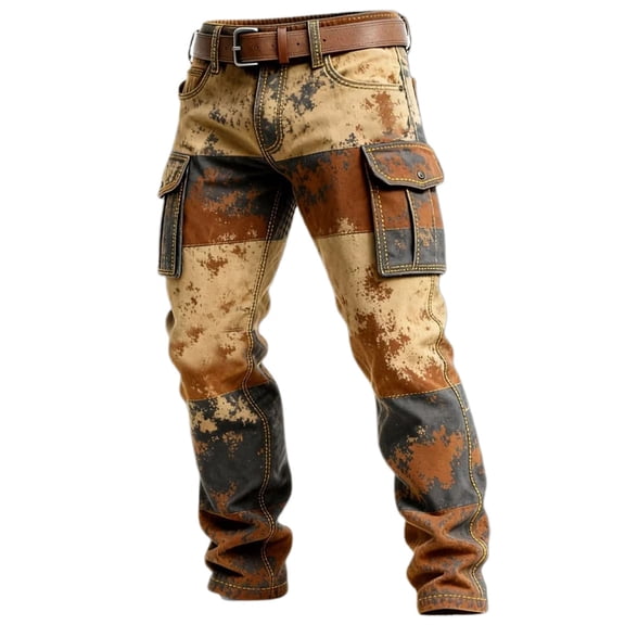 XIAOCHA Men's Distressed Patchwork Multi Pocket Cargo Jeans Slim Fit Full Length Belted Waist Tactical Jeans Durable Vintage Outdoor Trousers