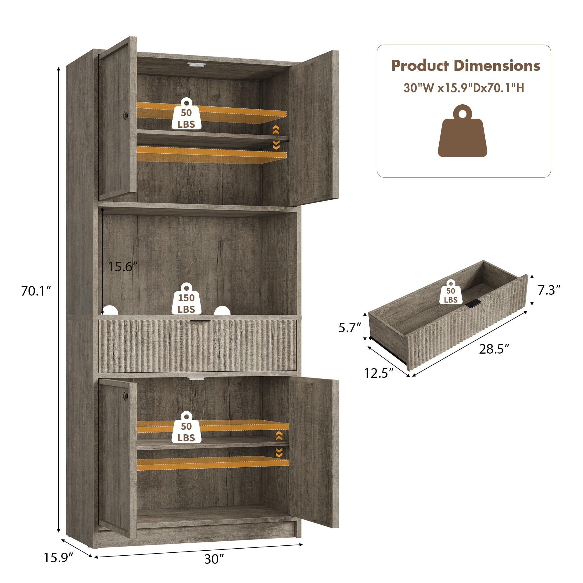 Huisuilinss Fluted Pantry Cabinet,Kitchen Pantry Cabinet,70" Tall Pantry Storage Cabinet With Countertop,Kitchen Hutch Cabinet With Doors And Drawer,Freestanding Cupboard For Dining Room Living Room