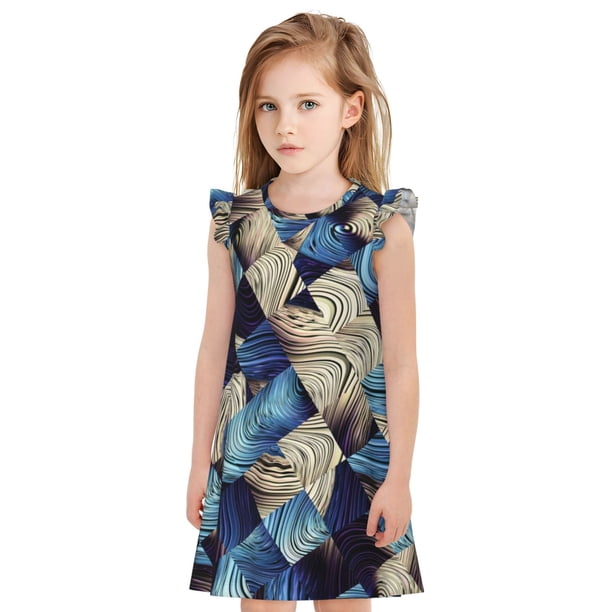 Balery Abstract Blue Squares Camisón de princesa para niñas, pijama de algodón con mangas abullonadas, suave y bonito.-X-Large