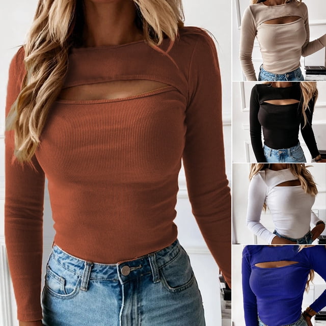 Neinkie Blouse à Manches Longues Col Rond Côtelé Creux Automne Hiver Couleur Unie Pull Slim Vêtements Quotidiens