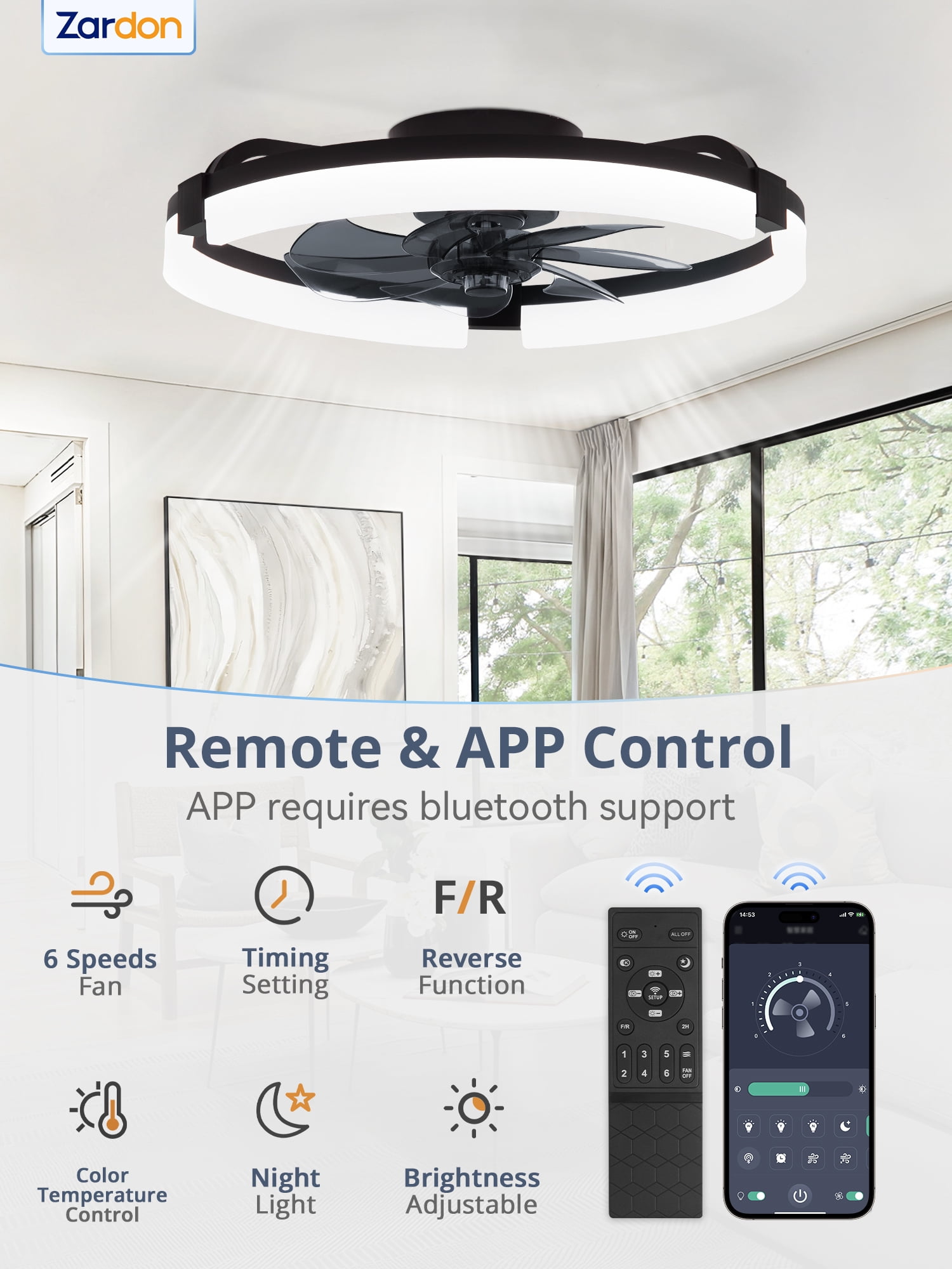 Zardon 20 inch Modern Ceiling Fan with Light and APP & Remote Control, Flush Mount Ceiling Fan, 6 Speeds, 3 Color Temperatures, Ultra Quiet DC Motor, for Bedroom, Living Room-Black