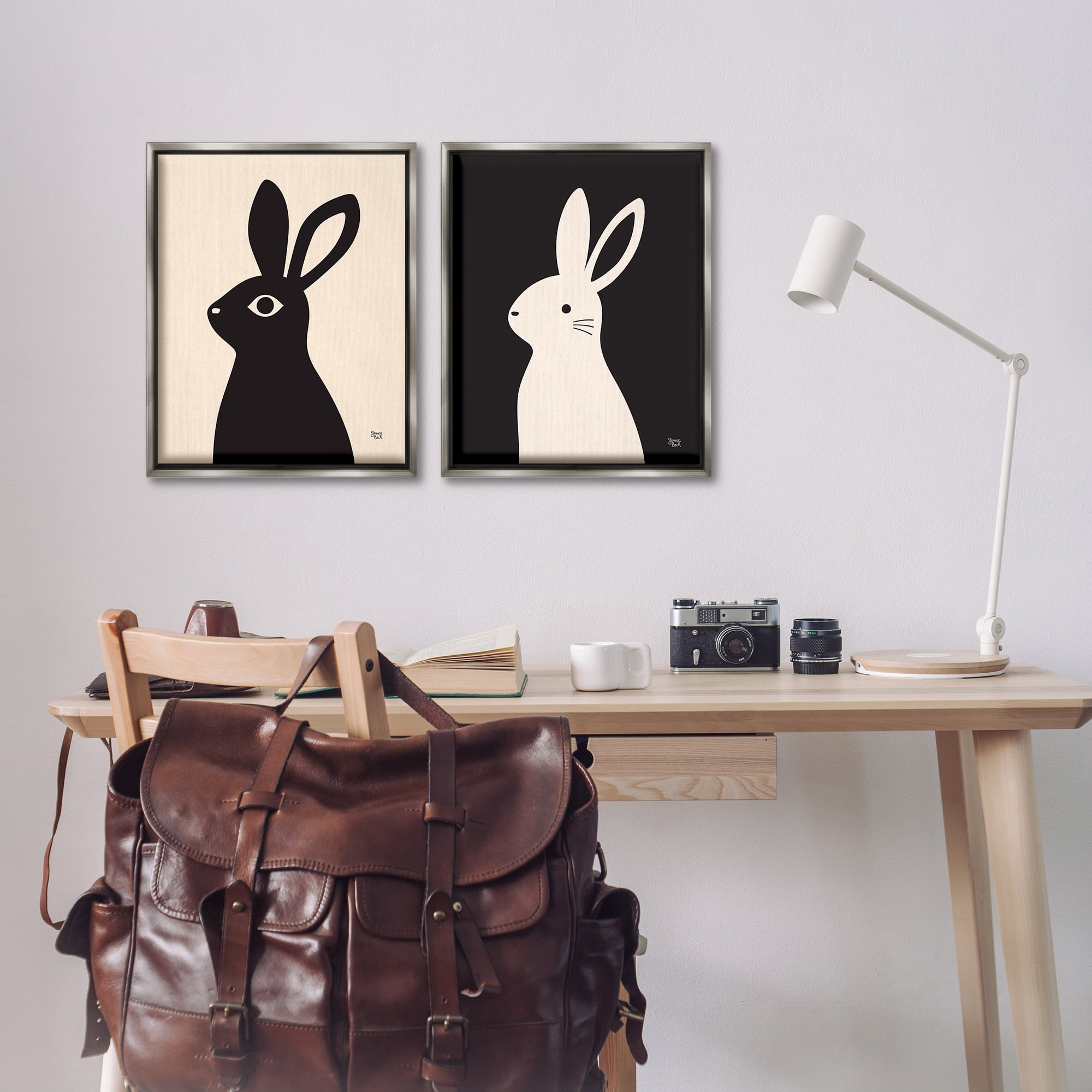 Stupell Industries Cream & Black Rabbits Animals Painting Gray Floater Framed Canvas Art Print Wall Art, 17 x 21, Set of 2