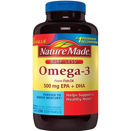 Nature Made Omega-3 from Fish Oil Softgels, Burp-Less, 500 Mg + DHA, 250 Ct - Walmart.com