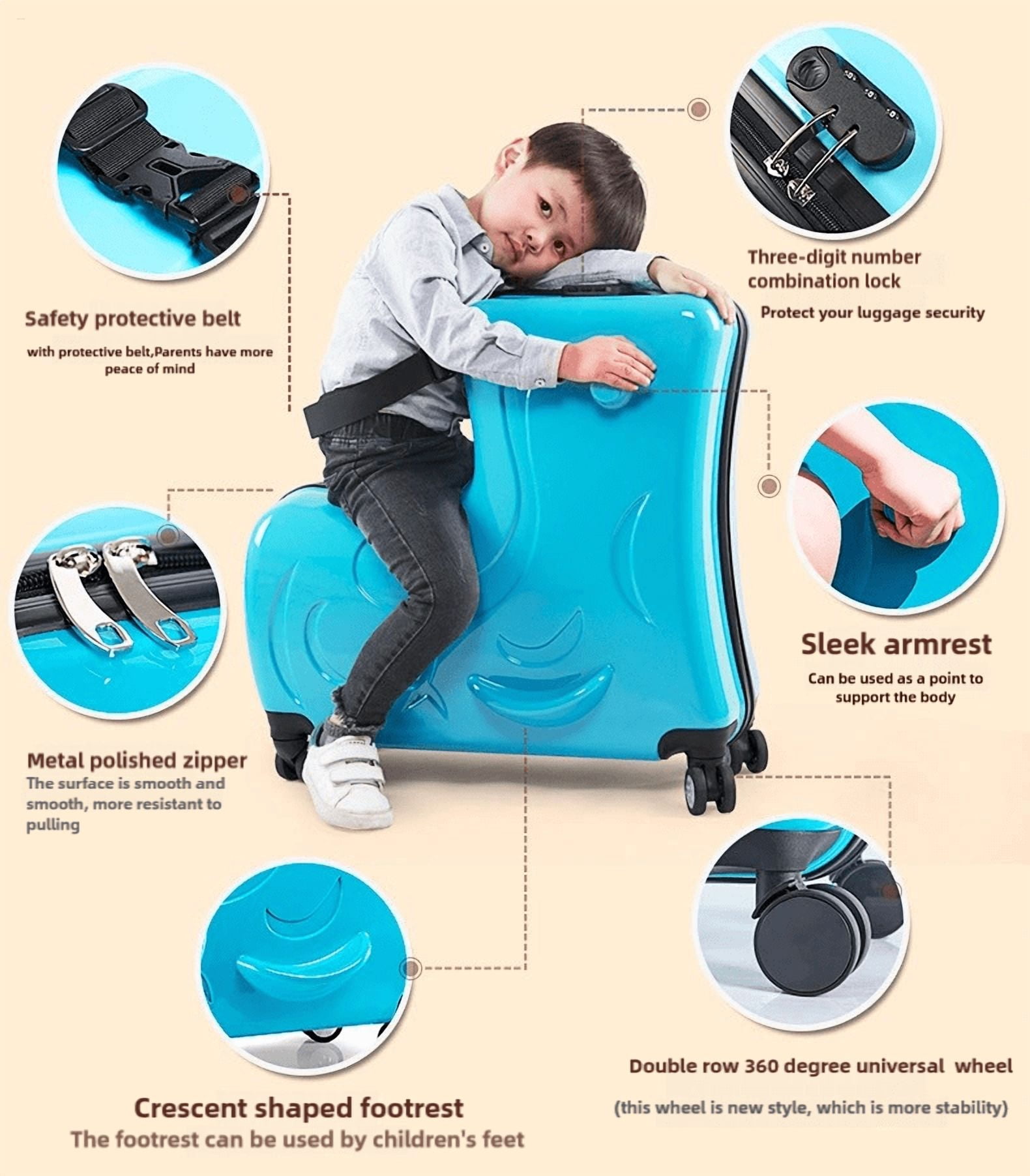 Kids Ride on Luggage, Toddler Luggage Seat Ride on, Kids Travel Suitcase with Safety Belt, Scooter Suitcase for Kids Ages 6-12 (20“ Blue)