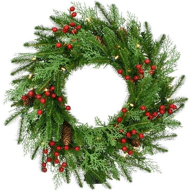 Fraser Hill Farm Mixed Pine Wreath with Pinecones and Red Berries, 24 Inch Diameter Perfect Christmas Decoration for Door or Wall Battery-Operated Warm White LED Lights FF008CHWR-024-5GR