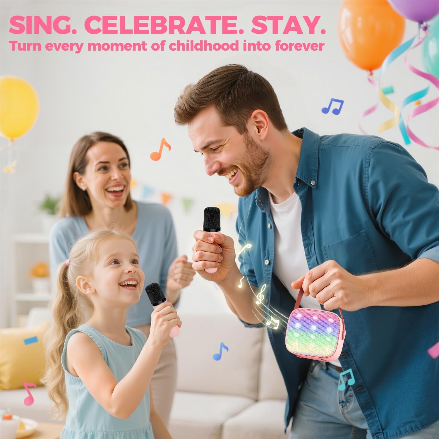 AmzDoer Mini Karaoke Machine for Kids Adults, Portable Bluetooth Speaker with 2 Wireless Microphones, TOP Birthday Gifts Toys for Girls Ages 3-12+ Years Old Toddler