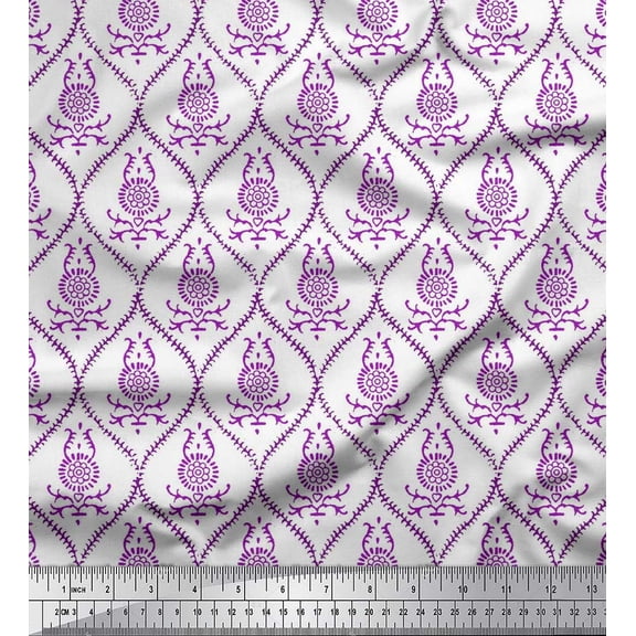 Soimoi Purple Cotton Voile Fabric Ogee Damask & Floral Block Printed Craft Fabric by the Yard 42 Inch Wide
