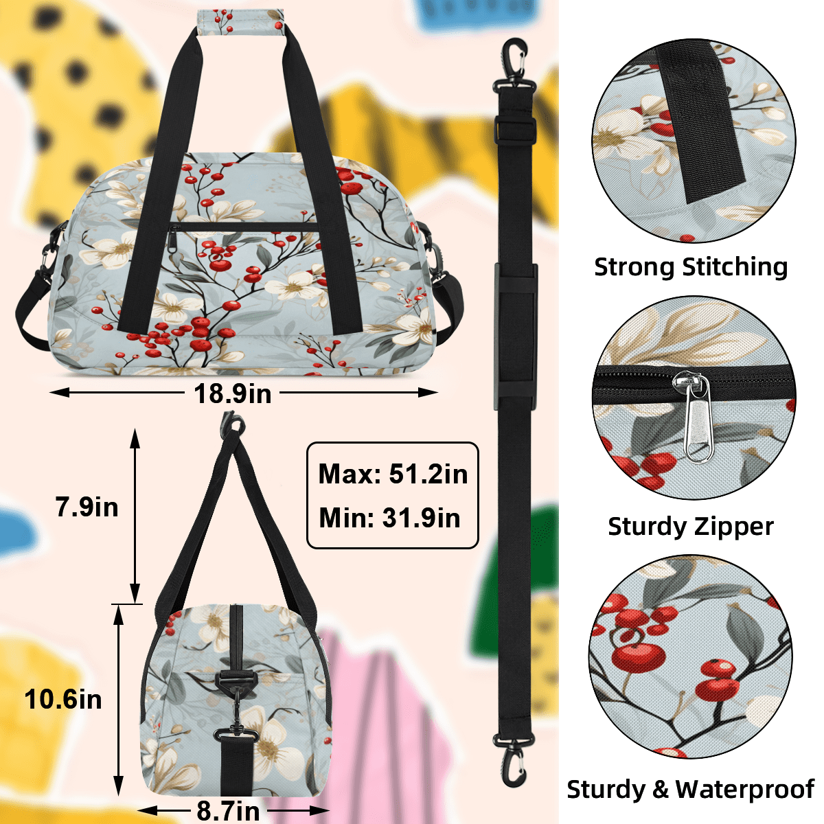 Herdesigns Vintage Flower Sports Duffle Bag for Women & Men, Fruit Floral Gym Bag Dance Bag Overnight Bag Carry On Weekender Travel Bag