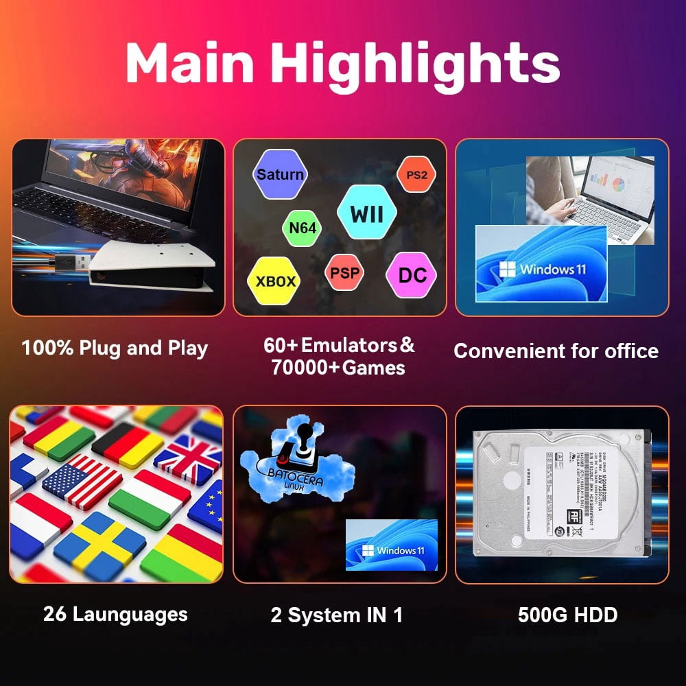 X5 Retro Game Console 500GB Built-in 70000+ Classic Games 4K HD Output 60+ Emulators for Xbox Wii PS2 N64 SEGA Dreamcast & More
