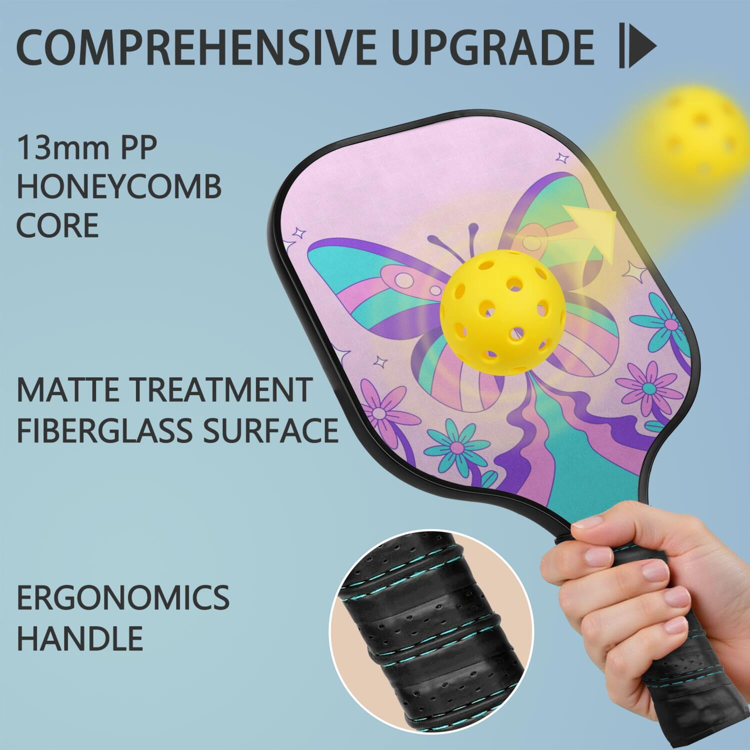Pickleball Paddles Set Of 2, Fiberglass Surface, Butterfly Print, 4 Balls & Bag