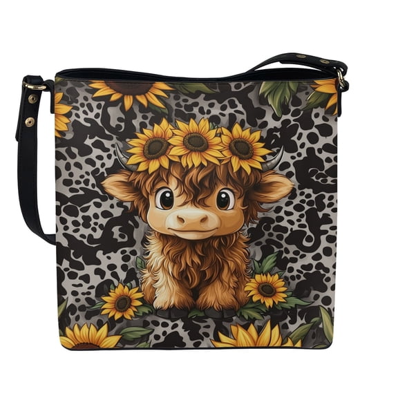 Kuiaobaty Highland Cow Print Bucket Crossbody Bag for Women, Sunflower Leopard Print Bucket Tote Bag with Adjustable Strap, Large Capacity Leather Shoulder Purse Crossbody for Travel, Grey