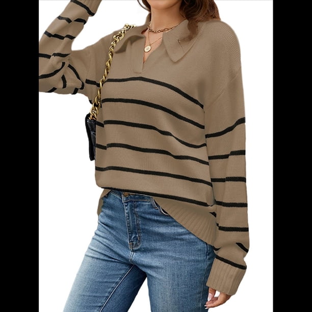 Suéter de Rayas para Mujer, Cuello en V, Larga, Suelto, de Punto, Jersey de Punto, Tops. Marrón S