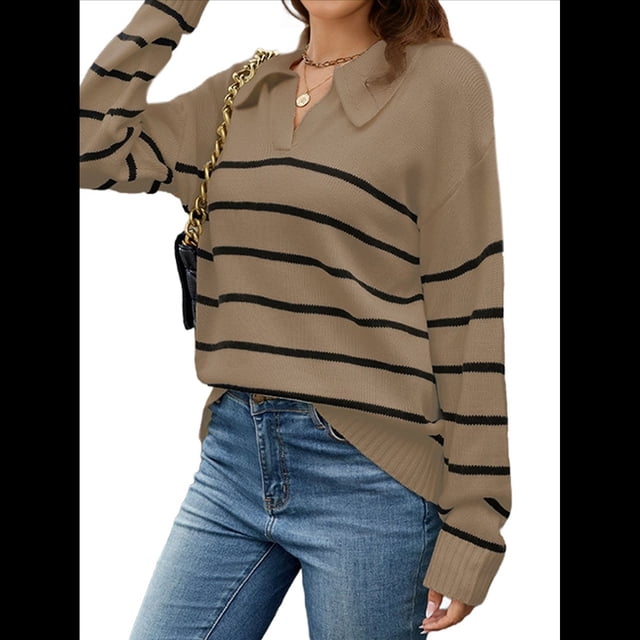 Suéter de Rayas para Mujer, Cuello en V, Larga, Suelto, de Punto, Jersey de Punto, Tops. Marrón S