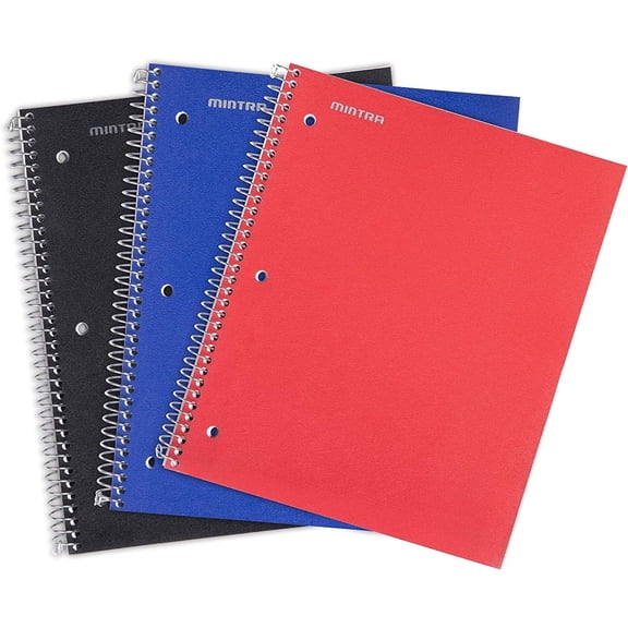Mintra Spiral Notebook - 2 Subject (Black, Blue, Red) - Letter Size, 3PK