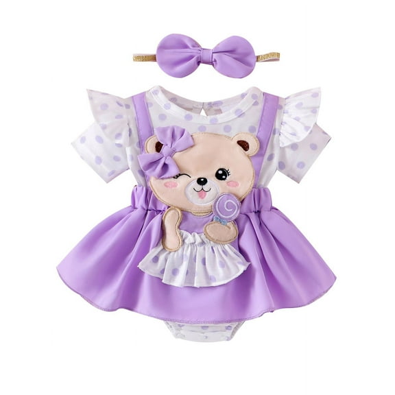 BemeyourBBs Newborn Baby Girls Summer Clothes Infant Baby Girl Bear Outfits Short Sleeve Bear Embroidery Dot False Two-Piece Romper Bodysuit Playsuit with Headband