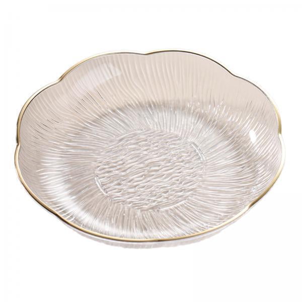 tazón de frutas,plato de frutas platos de frutas de encimera platos de frutas lujo ligero,platos para ensaladas platos elegantes para postres,platos redondos apilables para encimera con borde blanco transparente de 15,7 cm. Vista cenital centrada de un plato redondo apilable con textura tipo glaciar, perfil ondulado y borde dorado; superficie estriada radial y material PET; ideal para frutas, ensaladas y postres.