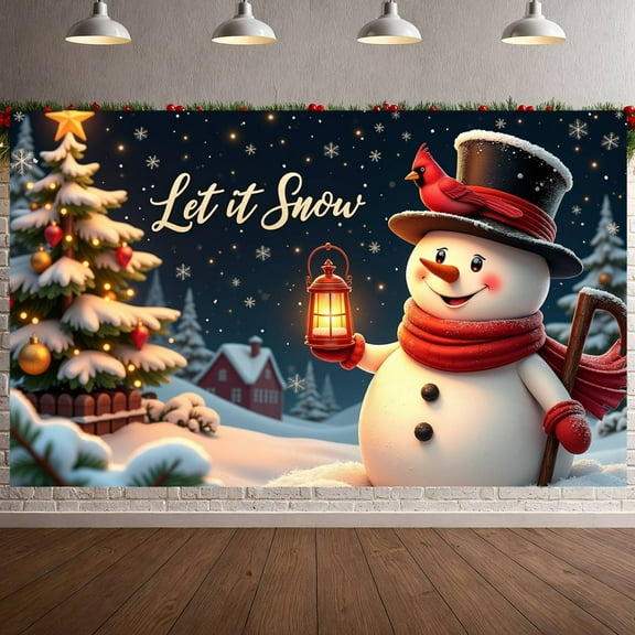 Snowman Theme Let it Snow Banner Snowflake Design Christmas Display Lit Lantern Red Scarf Winter Background for Christmas Party Winter Celebration Holiday Decoration