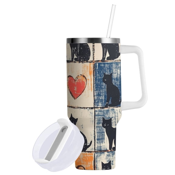 Yayeee 40oz Stainless Steel Tumbler with Straw and Handle Double-Wall Insulated Travel Water Bottle, Cats and Hearts