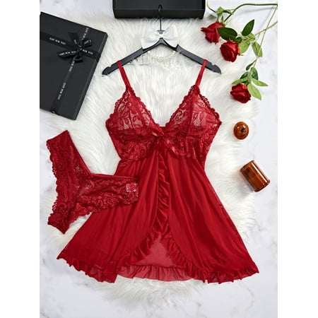 Sexy Lingerie Set Women Erotic Bra Nightdress Sexy Lace Sleepwear Solid Slim Soft Dresses V Neck Full Slip Sleepwear & Dresses