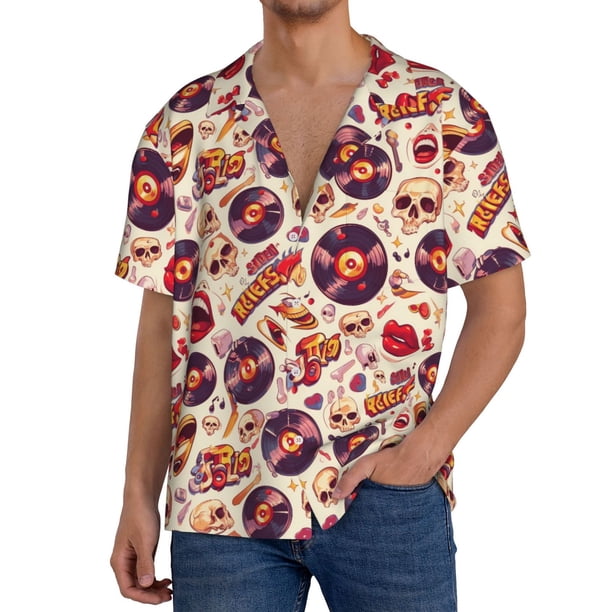 Fotbe rock music Skull record Camisa Estampada de Manga Corta para Hombre, Casual de Verano, Estilo Playero, Sin Arrugas-3X-Large