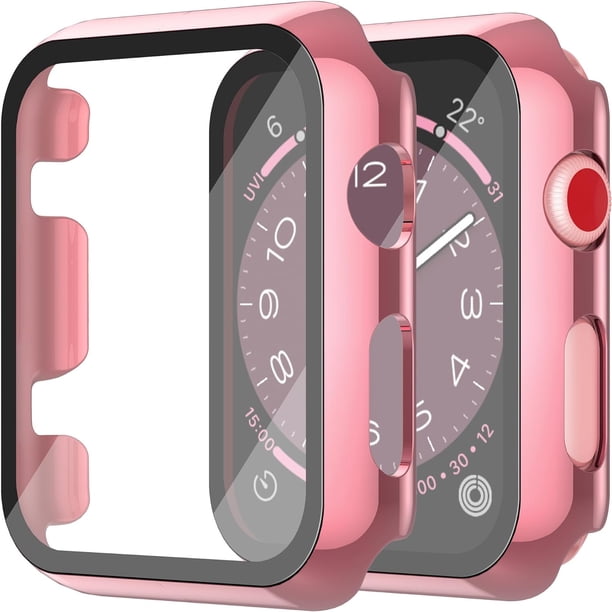 Misxi Paquete de 2 estuches rígidos para PC con protector de pantalla de vidrio templado compatible con Apple Watch Series 9 (2023) Series 8 Series 7 41 mm, cubierta ultrafina resistente a los arañazo