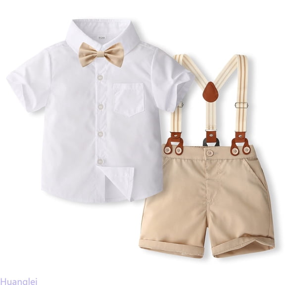 Huanglei Boys' Gentleman Solid Color Shirt & Suspenders Set | Summer Formal Suit For Kids | Stage & Party Outfit Daily Casual Outfits ,12-18 Months ,White