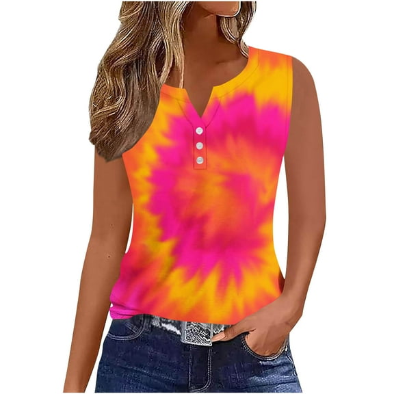 Women's Tie Dye Tank Tops V Neck Sleeveless Tees with Buttons Casual Fashion Summer Pullover Tshirts (XL, Orange)