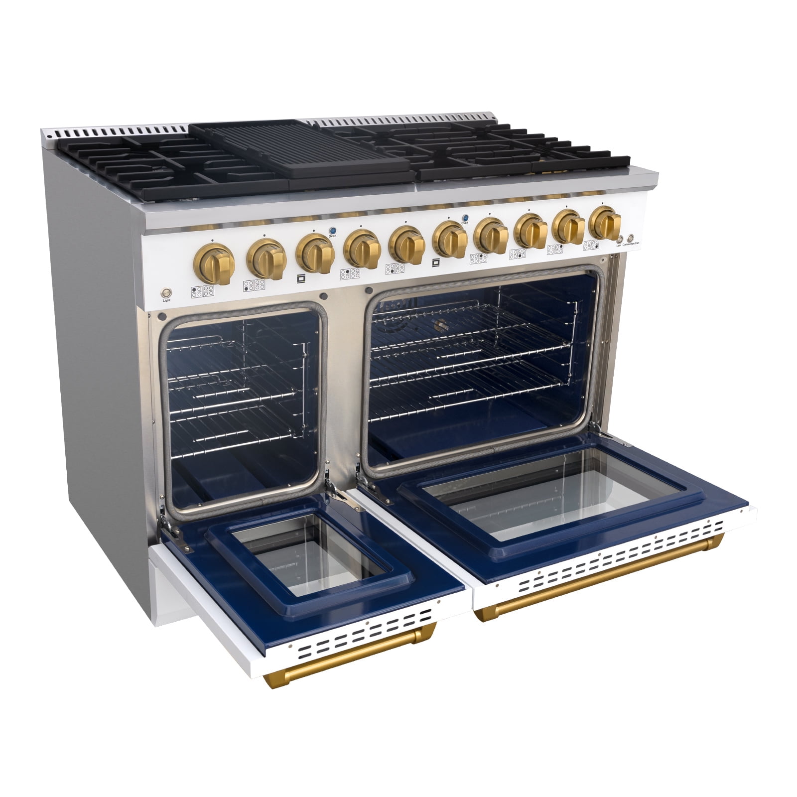 Akicon 48" Slide-in Freestanding Professional Style Gas Range with 6.7 cu. ft. Oven, 8 Burners, Convection Fan, Cast Iron Grates. White & Gold