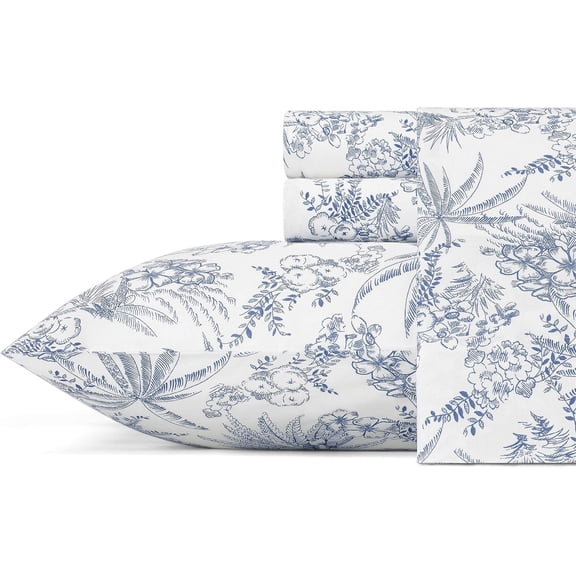 Queen Size Crisp Percale Cotton Sheet Set with Matching Pillowcases Deep Pocket Fitted Sheet Floral Design Blue